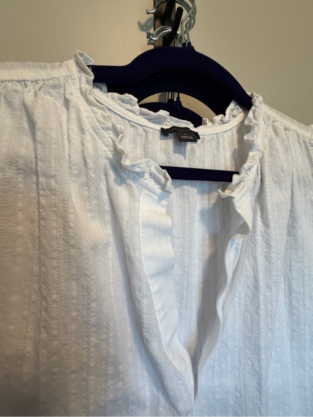 Ann Taylor White Ruffle-Trim V-Neck Flutter Sleeve Top - Picture 2 of 4
